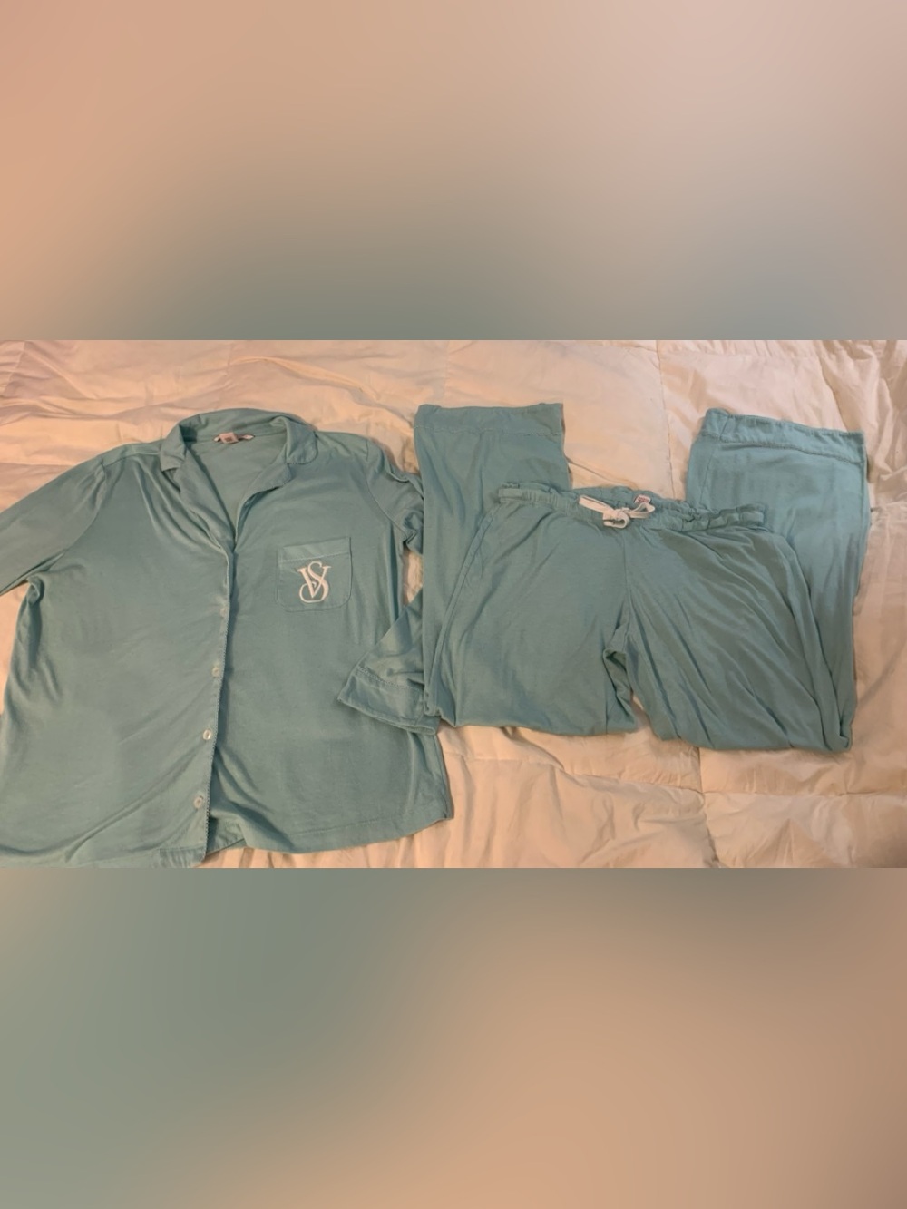 Victoria's Secret Kids Seafoam Blue Two-Piece Pajama Set with Monogram